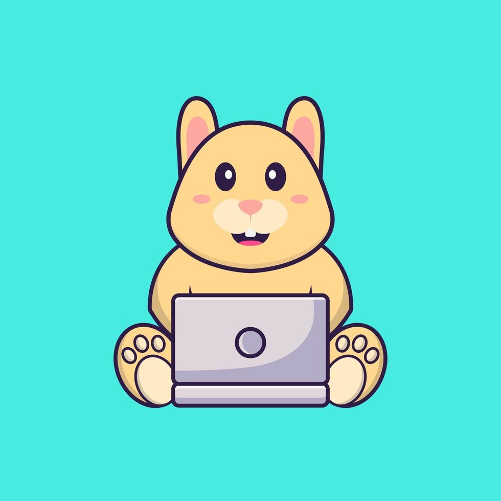 Cute rabbit using laptop. Animal cartoon concept isolated. Can used for t-shirt, greeting card, invitation card or mascot. Flat Cartoon Style vector
