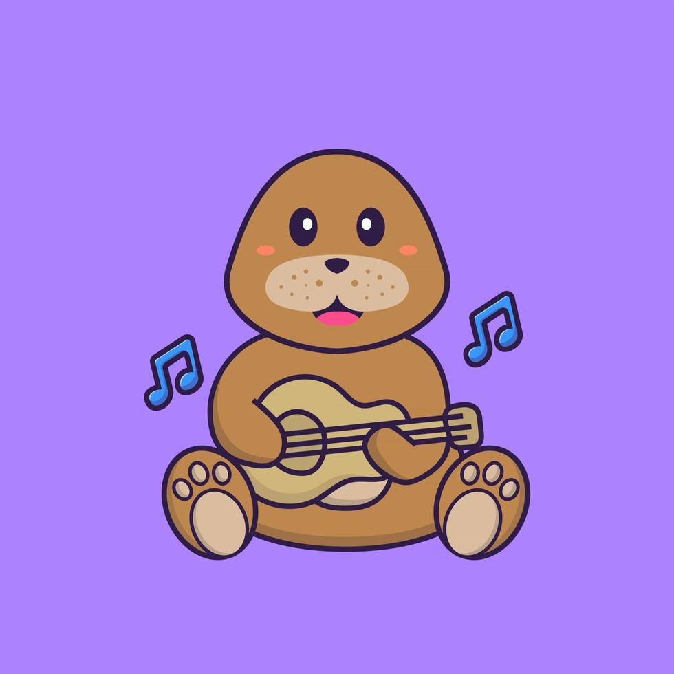 lindo perro tocando la guitarra. aislado concepto de dibujos animados de animales. Puede utilizarse para camiseta, tarjeta de felicitación, tarjeta de invitación o mascota. estilo de dibujos animados plana vector