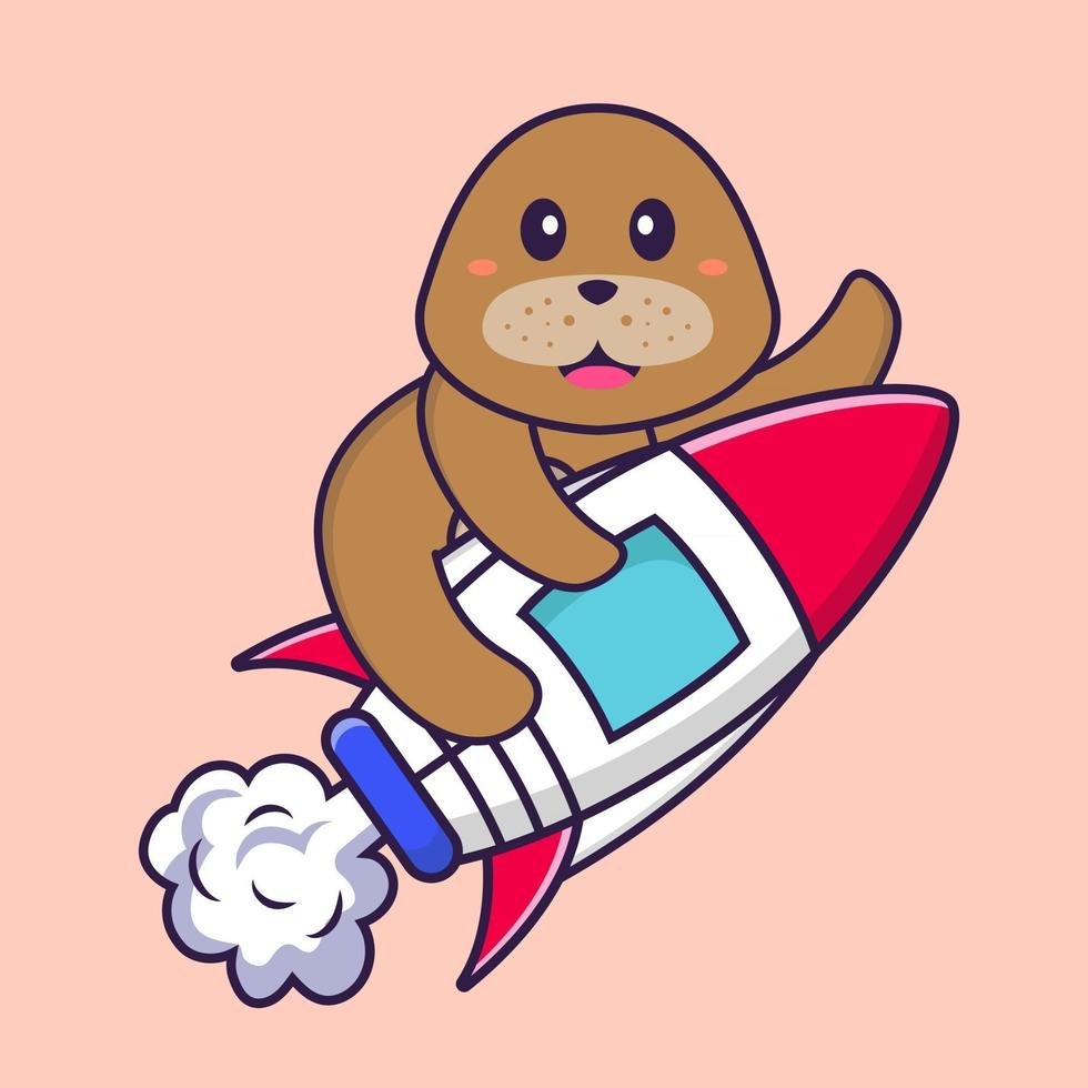 Cute dog flying on rocket. Animal cartoon concept isolated. Can used for t-shirt, greeting card, invitation card or mascot. Flat Cartoon Style vector