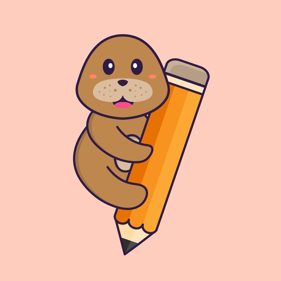 lindo perro sosteniendo un lápiz. aislado concepto de dibujos animados de animales. Puede utilizarse para camiseta, tarjeta de felicitación, tarjeta de invitación o mascota. estilo de dibujos animados plana vector