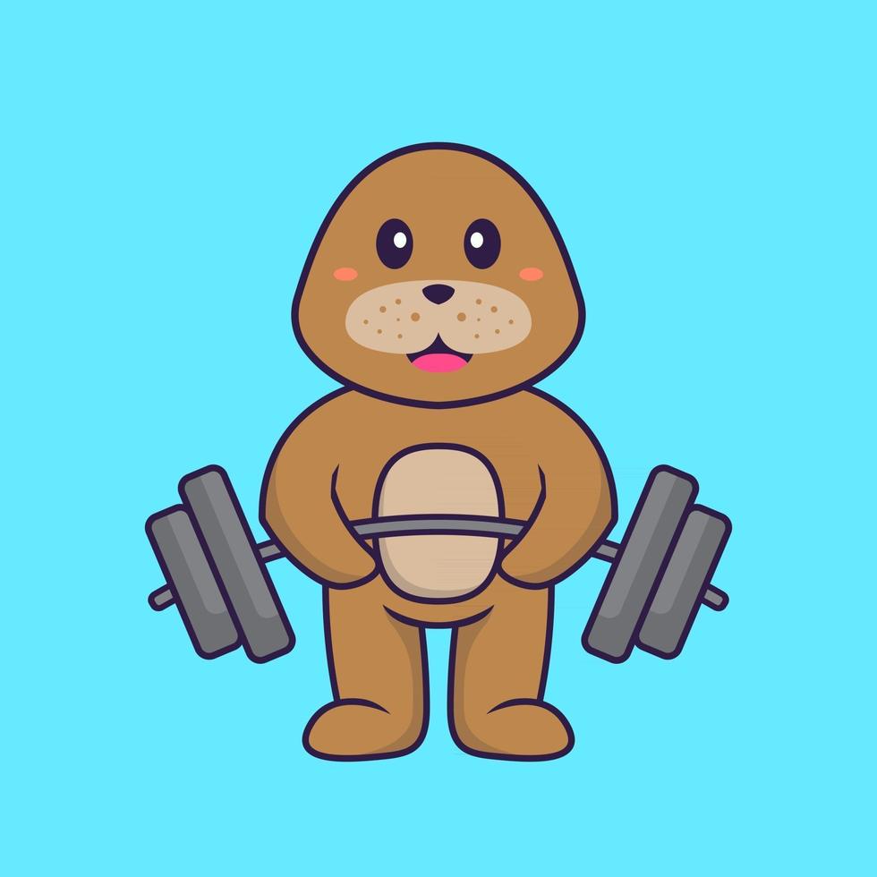 Cute dog lifts the barbell. Animal cartoon concept isolated. Can used for t-shirt, greeting card, invitation card or mascot. Flat Cartoon Style vector