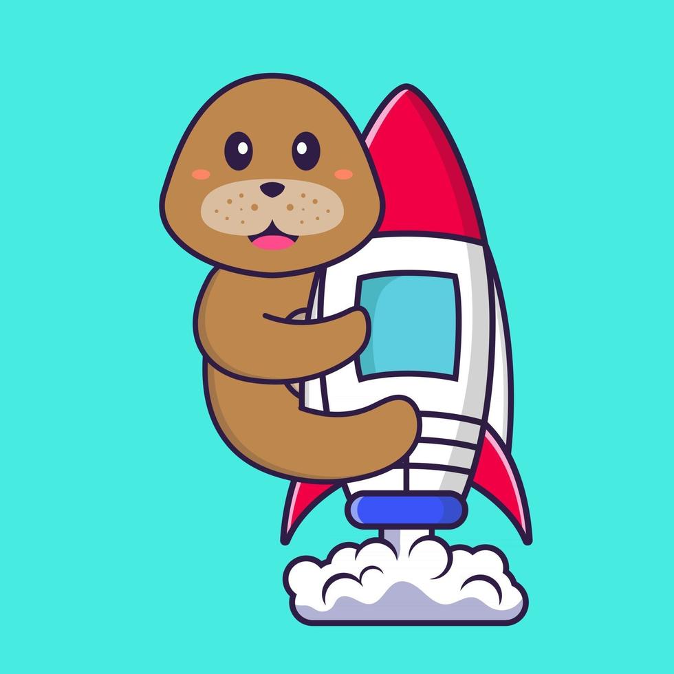 Cute dog flying on rocket. Animal cartoon concept isolated. Can used for t-shirt, greeting card, invitation card or mascot. Flat Cartoon Style vector