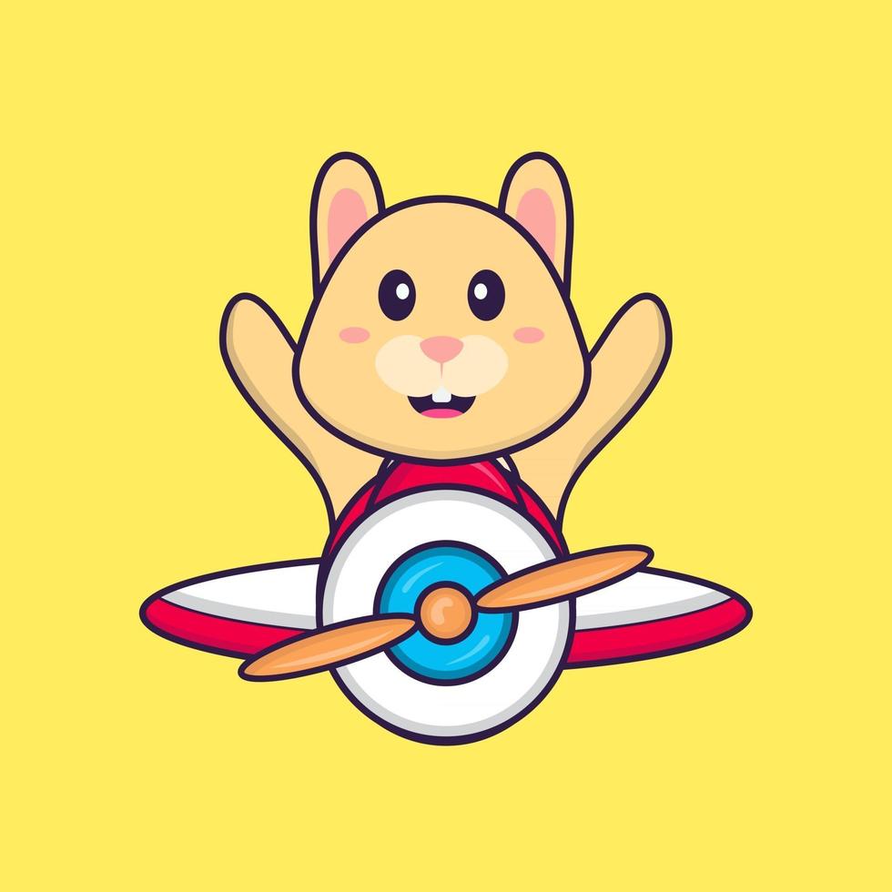 Cute rabbit flying on a plane. Animal cartoon concept isolated. Can used for t-shirt, greeting card, invitation card or mascot. Flat Cartoon Style vector