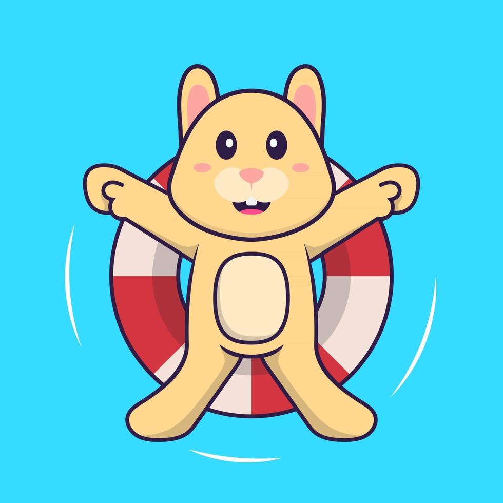 Cute rabbit is Swimming with a buoy. Animal cartoon concept isolated. Can used for t-shirt, greeting card, invitation card or mascot. Flat Cartoon Style vector