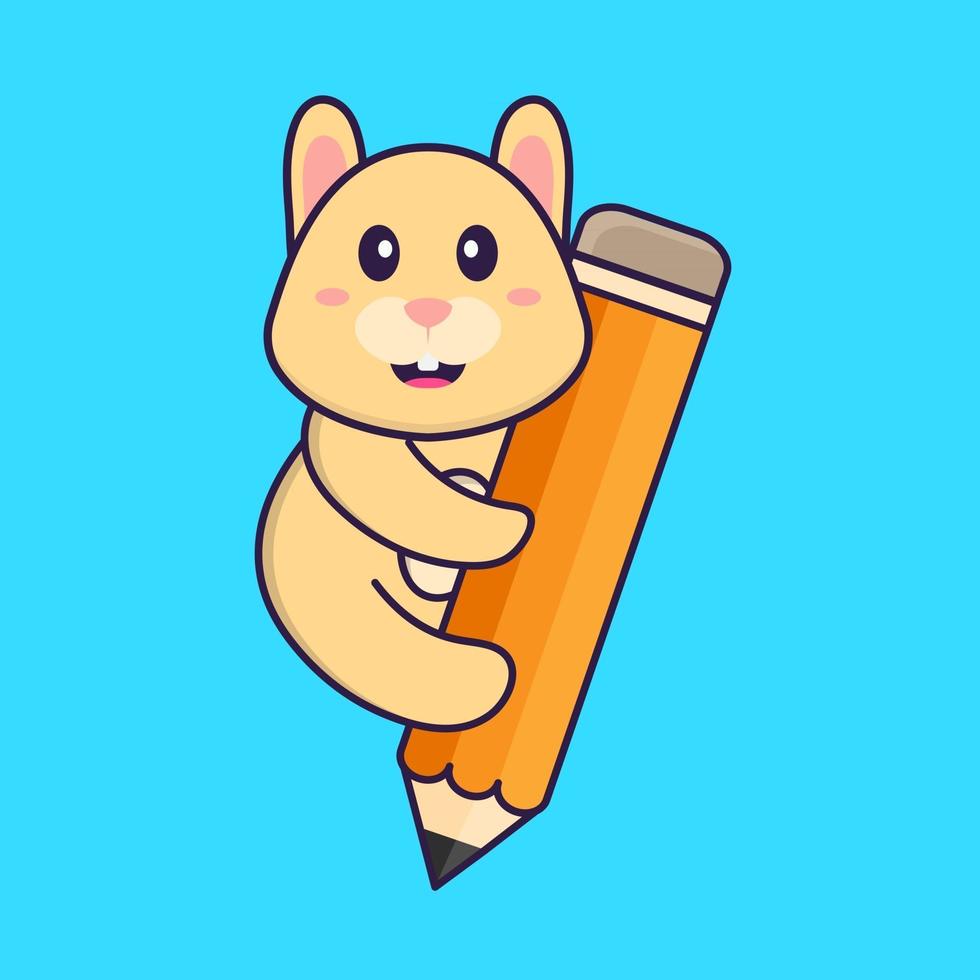 Cute rabbit holding a pencil. Animal cartoon concept isolated. Can used for t-shirt, greeting card, invitation card or mascot. Flat Cartoon Style vector
