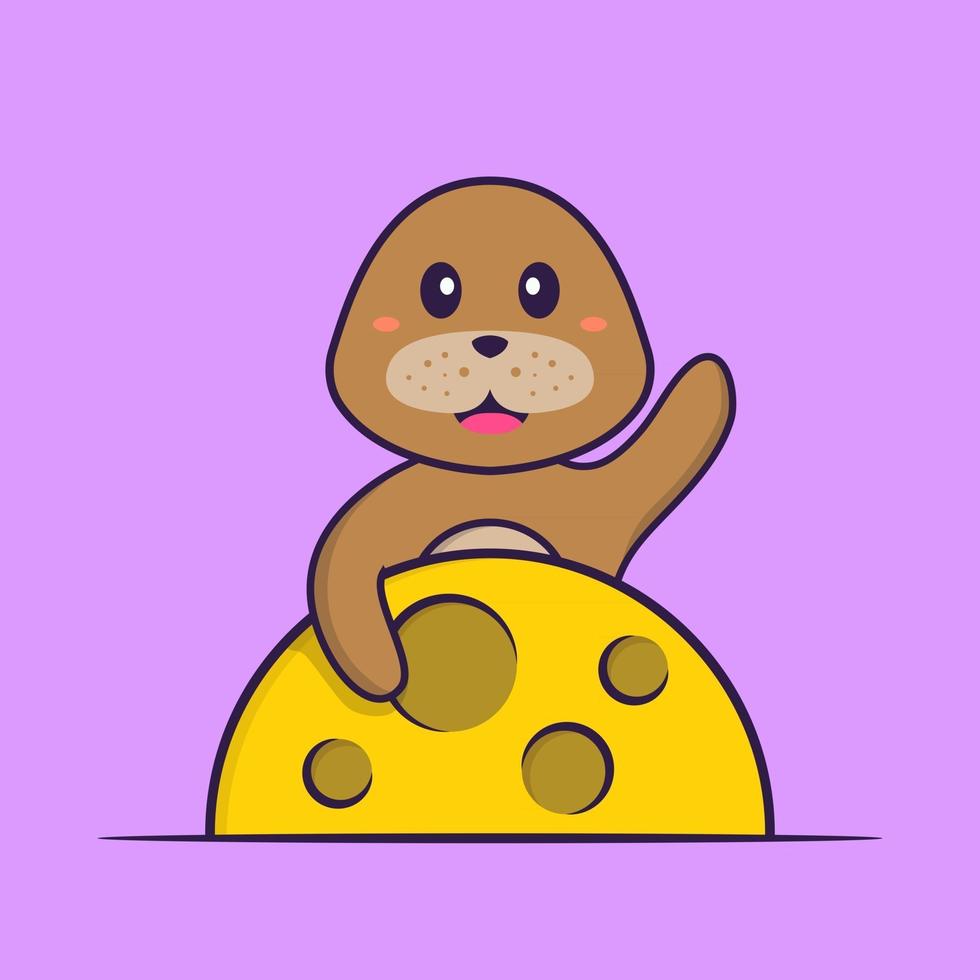 Cute dog is on the moon. Animal cartoon concept isolated. Can used for t-shirt, greeting card, invitation card or mascot. Flat Cartoon Style vector