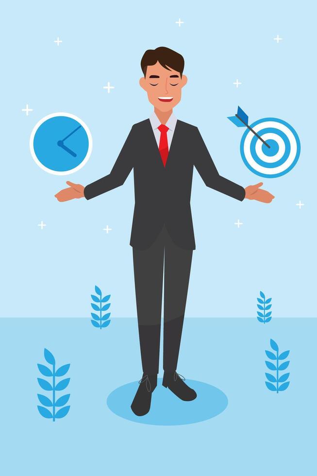 Happy young big isolated corporate man done his job as vision and mission vector