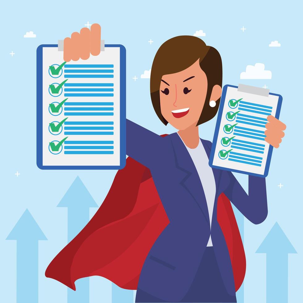 Happy young big isolated corporate woman done her job as vision and mission vector