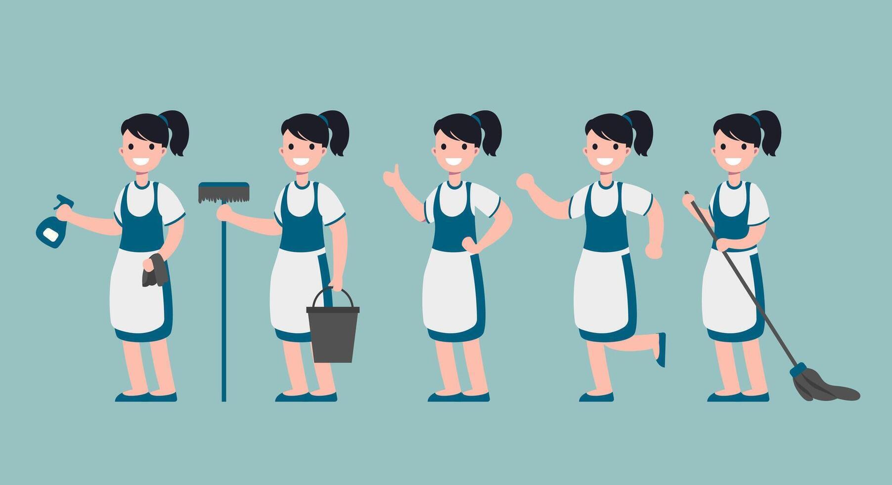 set of Cleaning staff woman in cartoon character  with different actions vector