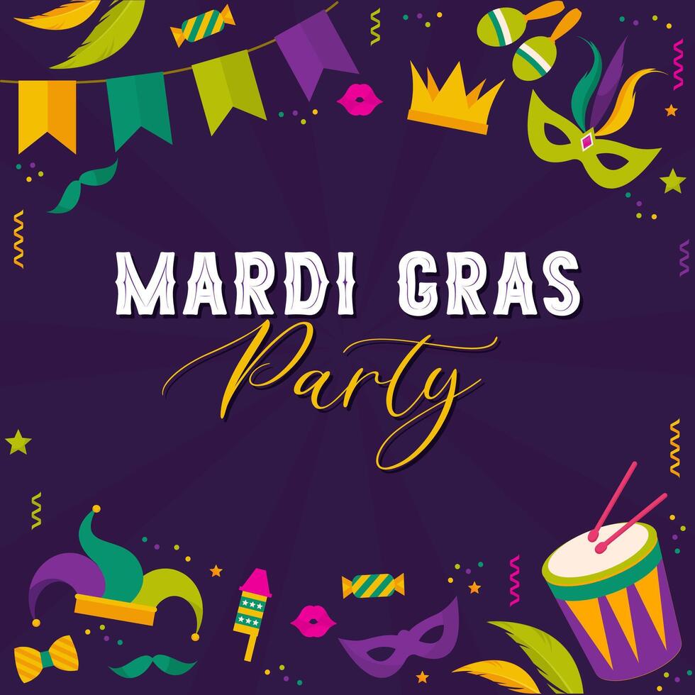 Vector typographical illustration of Mardi Gras beauty purple background with rhombus texture and multicolored festive flags, confetti, drums and more. Celebration greeting card