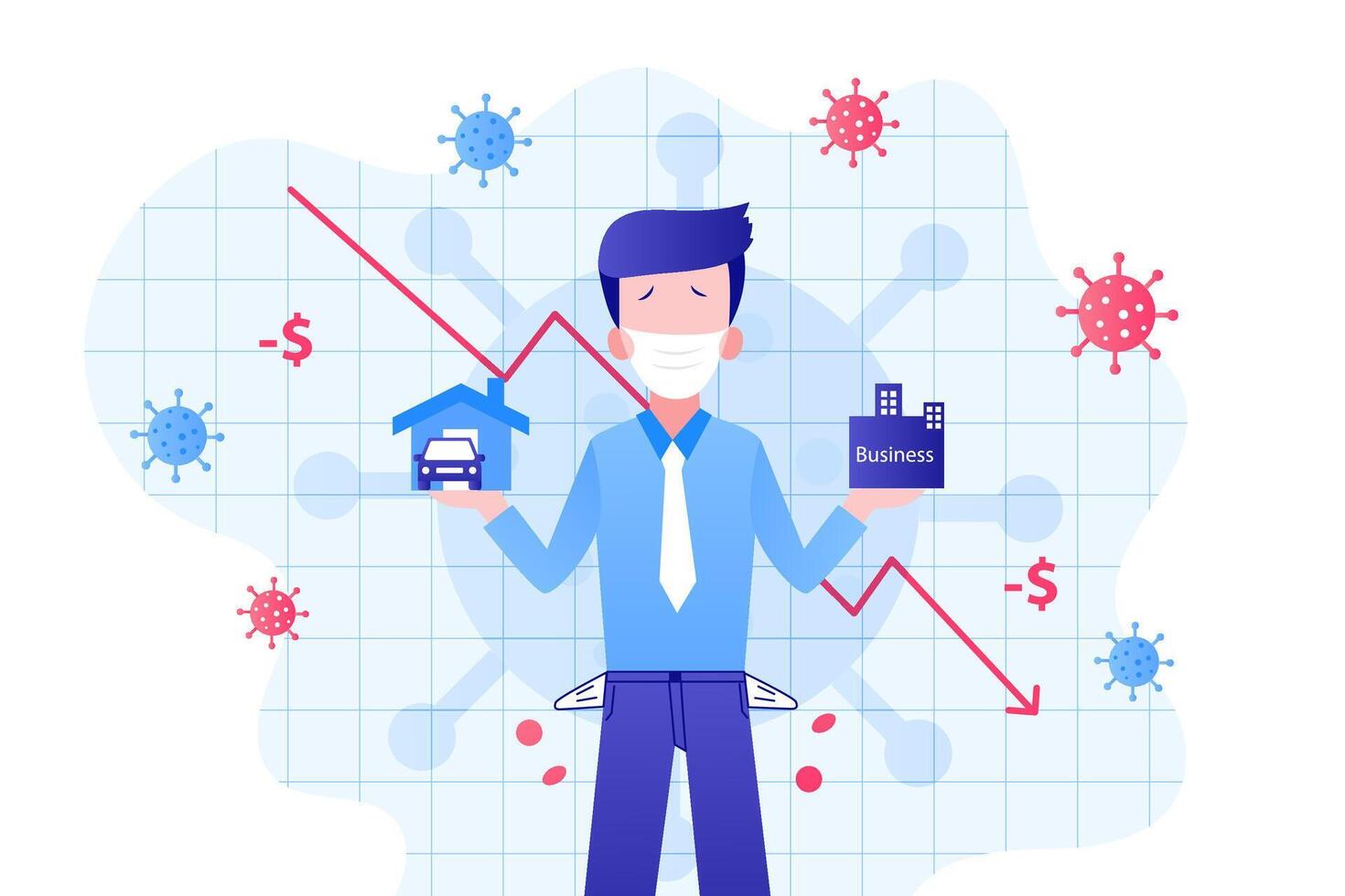 Stock Market Failure from Coronavirus Attack. World Investment Price Fall Down from Wuhan Virus Fear. Frustrated Shocked Businesspeople illustration. vector
