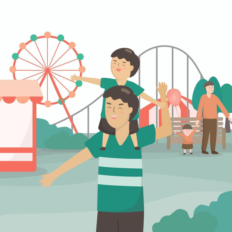 The father made his son ride his neck and took him to an amusement park. vector