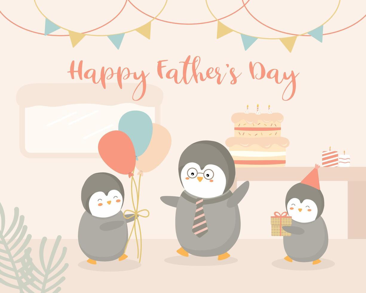 Baby Penguin hosts a Father's Day party at home for Father Penguin. vector