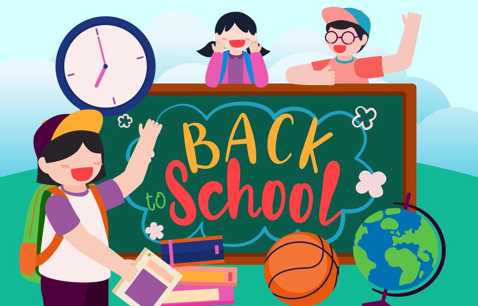 Welcome Back to school with funny school characters flat vector illustration.