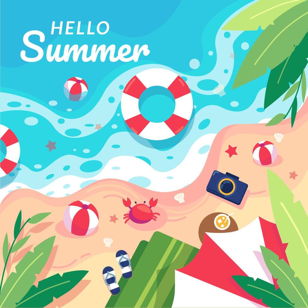 Seaside View With swimming ring, sand, sea, leaf, star fish, crab, beach ball, camera and slipper. vector