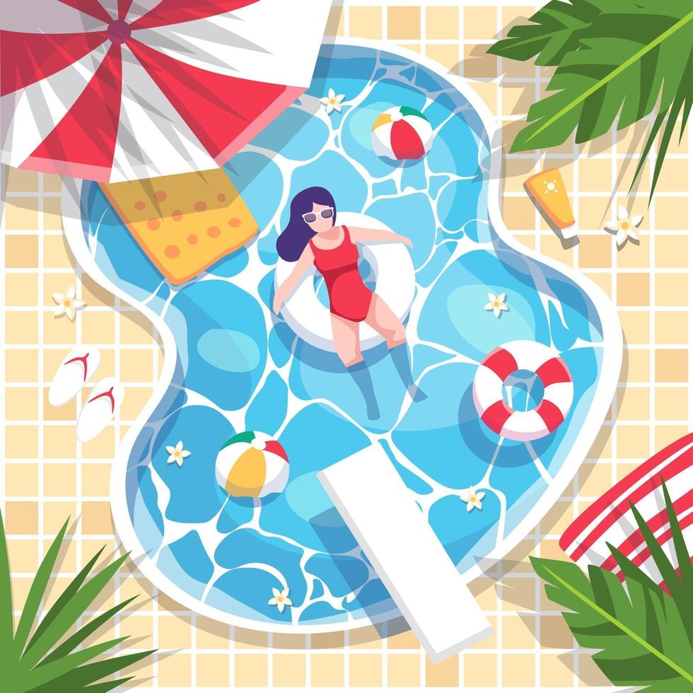 Ariel view of the pool Women in bathing suits rest on swimming rings. vector