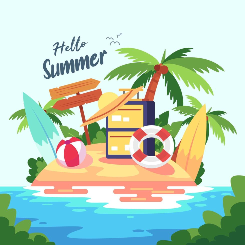 Seaside View With sea, sand, swimming ring, umbrella, surf board, leaf, coconut tree, sombrero and typographic. vector