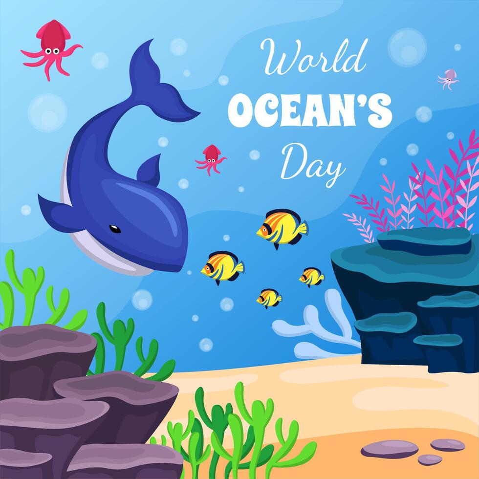 Save the ocean. World oceans day design with underwater ocean. vector