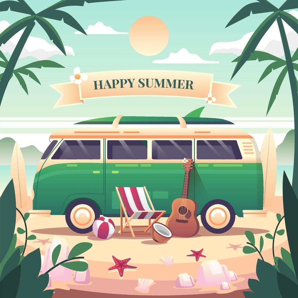 A green van parked at the beach on a relaxing day. vector