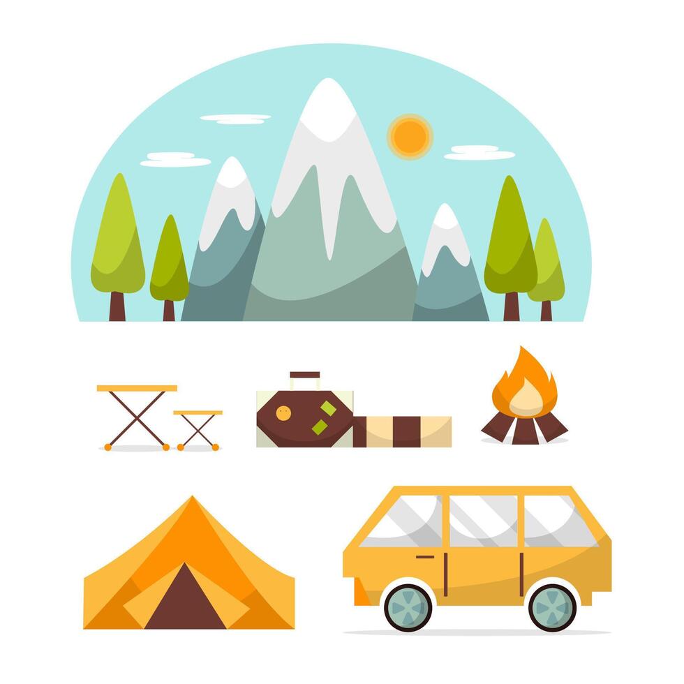 Escena de viaje con camping en el bosque de la naturaleza en vector de verano