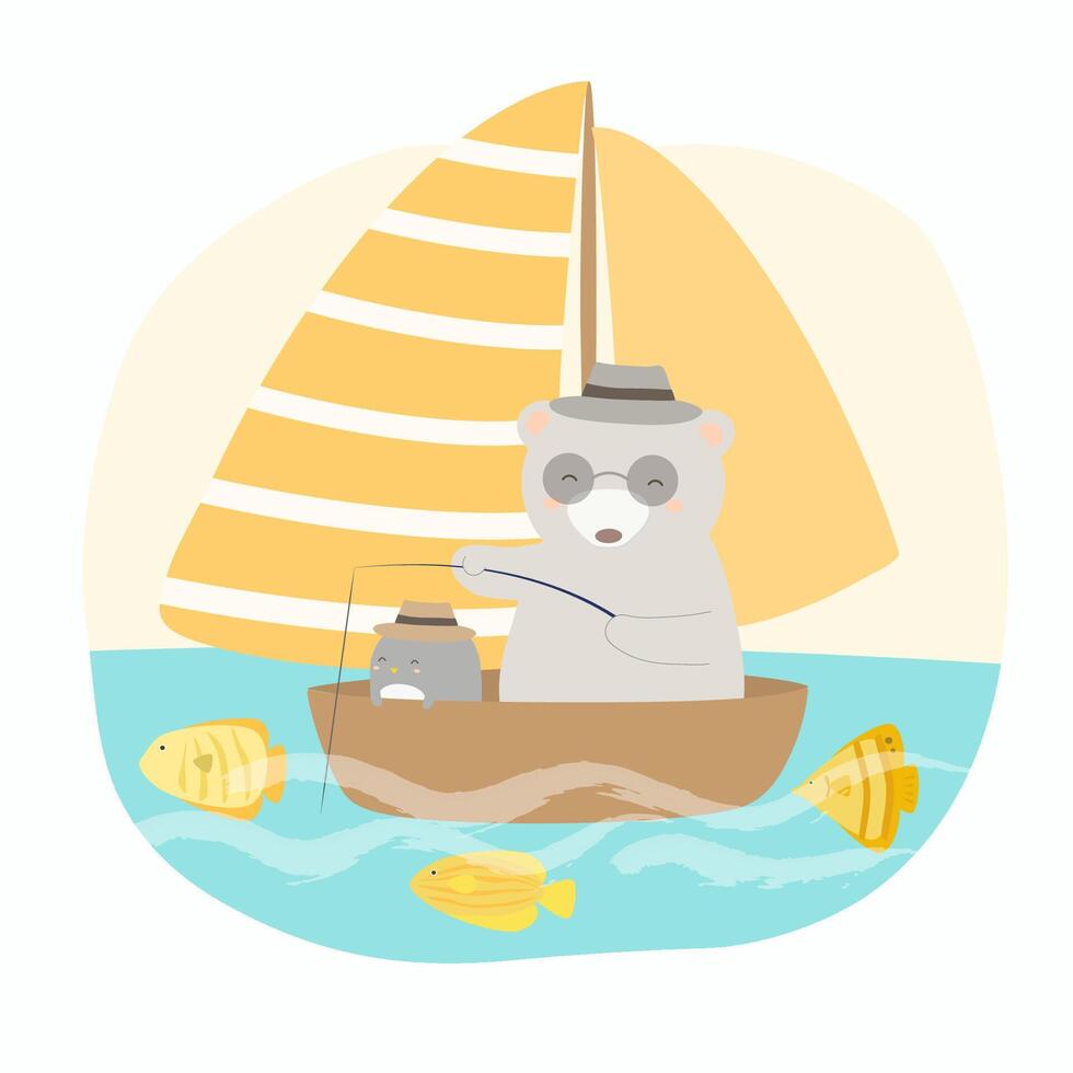 bear and penguin on sailboat to fishing in the sea vector