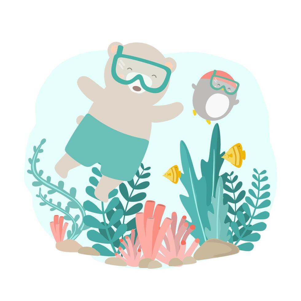 Bear and penguin diving undersea on summer holidays cartoon vector