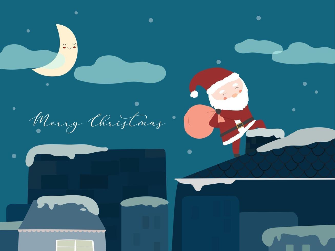 Merry Christmas with Santa Claus holding red bags standing on the chimney to give gifts. vector