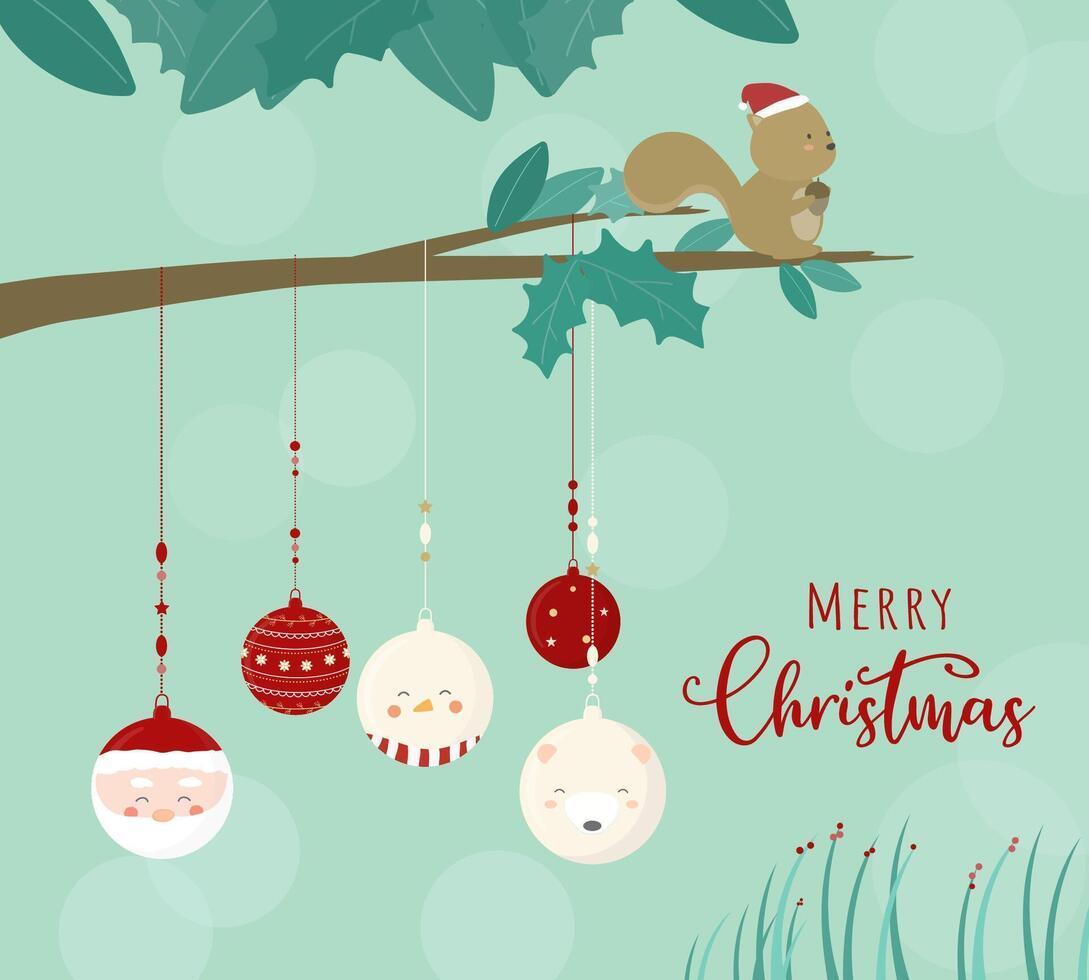 Merry Christmas with squirrels on the tree and balls hanging from branches. vector