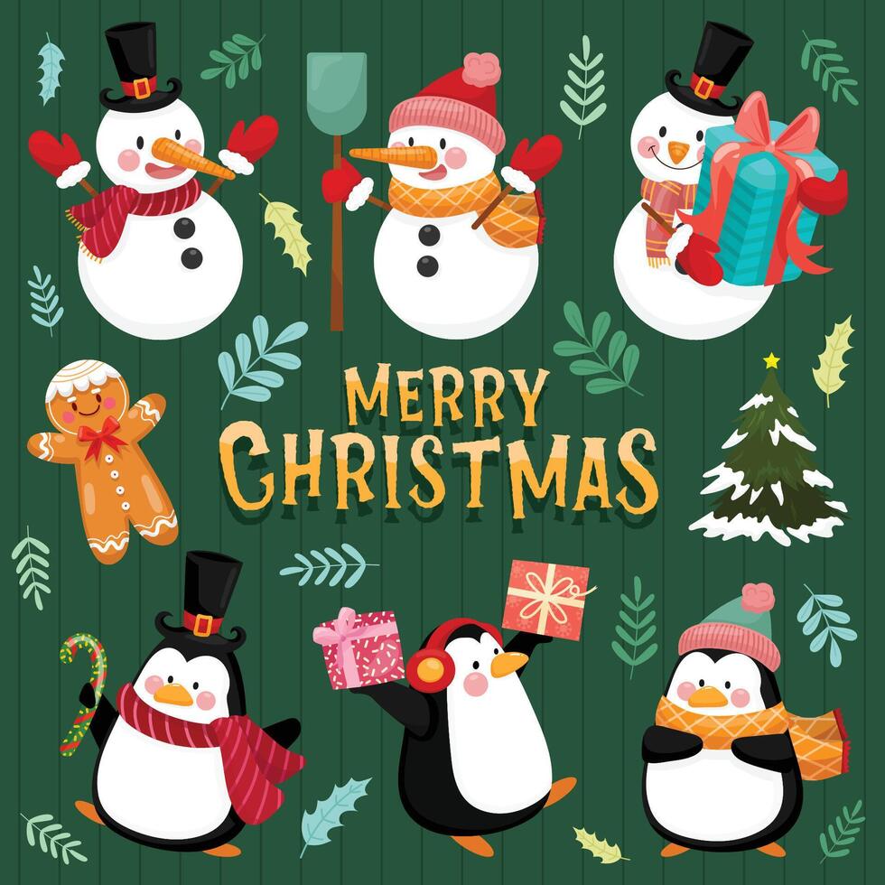 icono de feliz navidad con muñeco de nieve, pino, hojas, cajas de regalo y pingüinos. vector