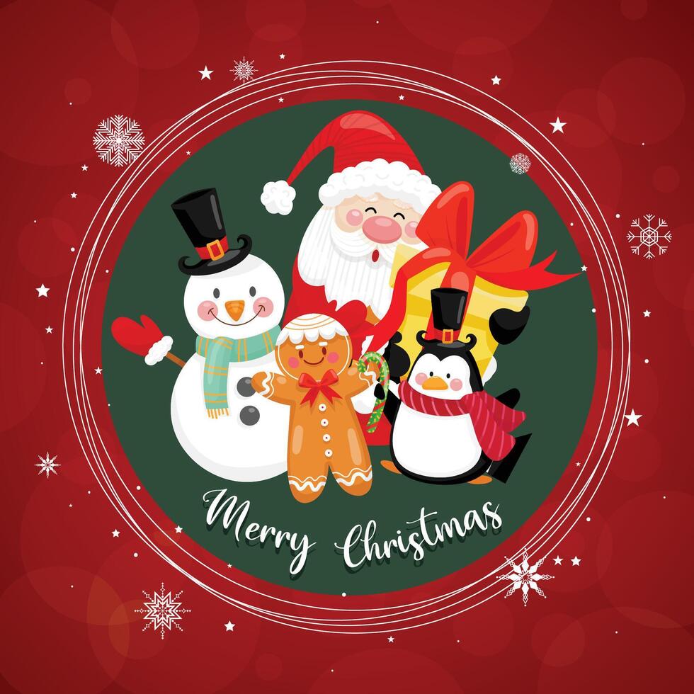 Merry Christmas with Santa Claus and various gift boxes on the snowy background with house and moon as background. vector