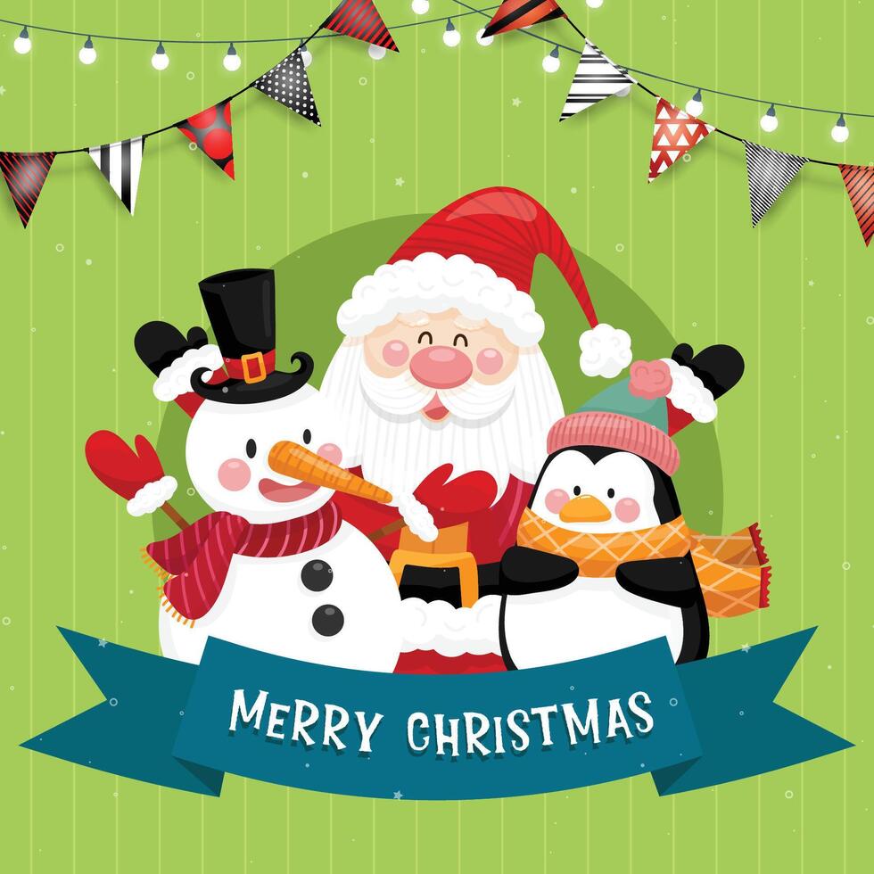 tarjeta de feliz navidad con santa, muñeco de nieve, pingüino y caja de regalo. vector