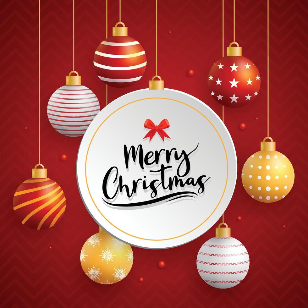 Merry christmas card with ball on red background vector