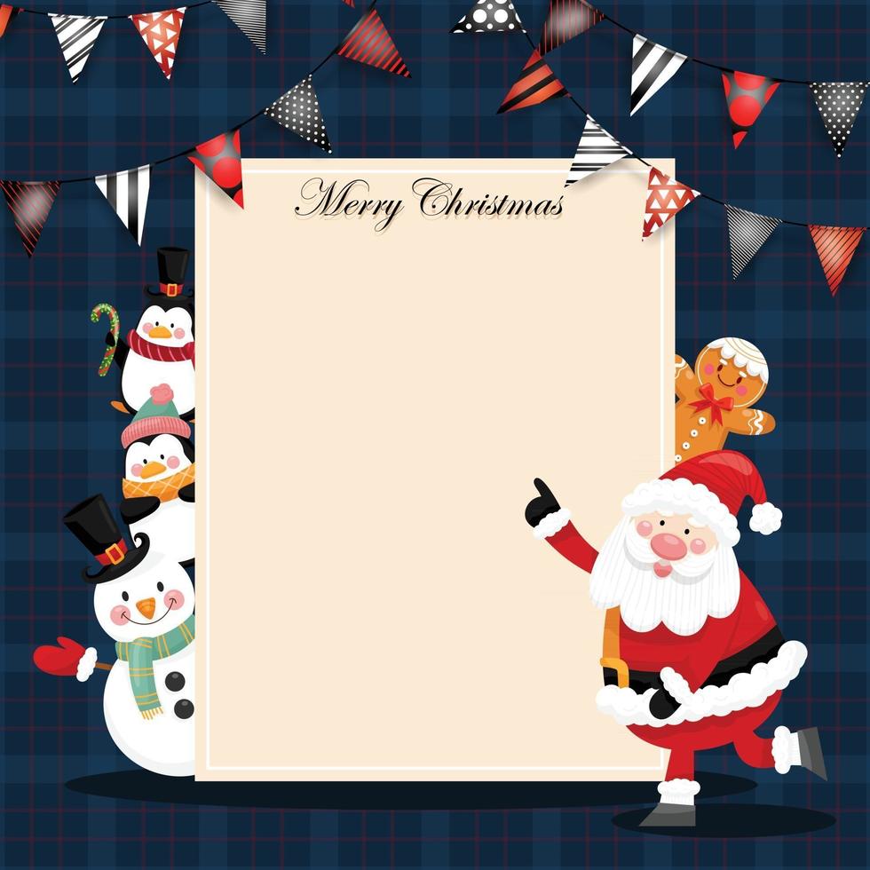 Merry Christmas card with santa, snowman and gift box. vector
