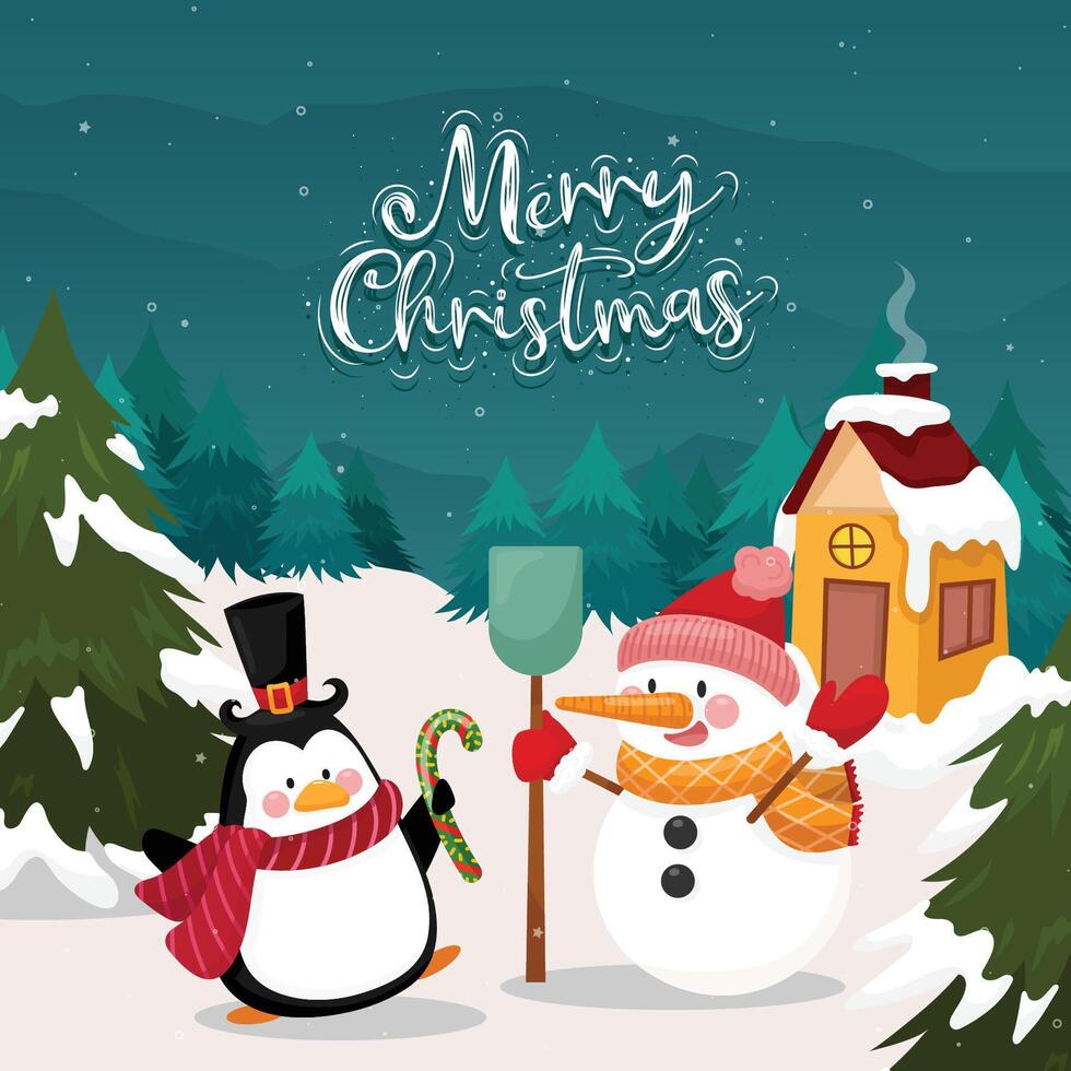 Merry christmas card with penguin and snowman on snow and pine background vector