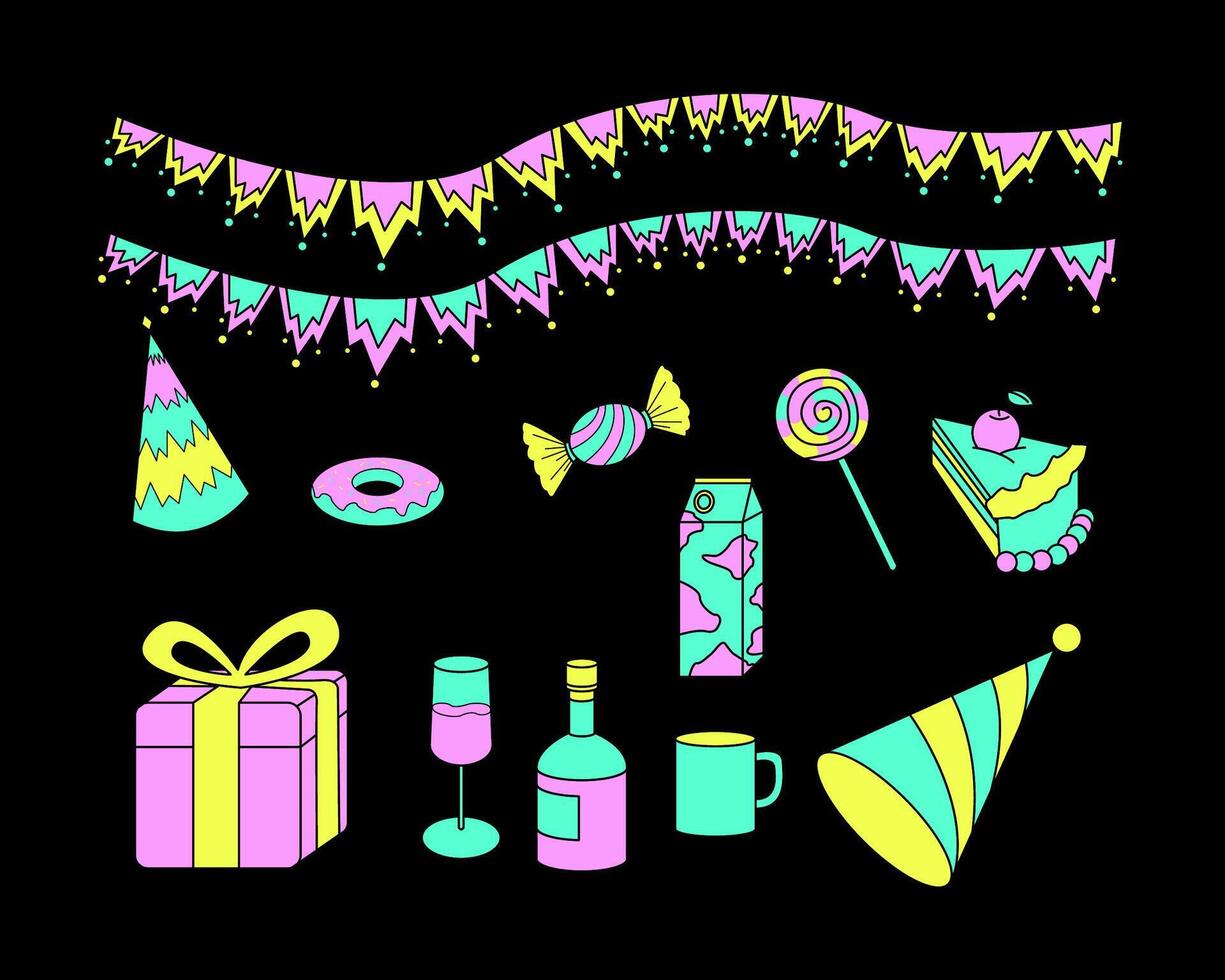 Big bundle of isolated vector elements for birthday party decoration and calibration, flat Colorful vector icon illustration