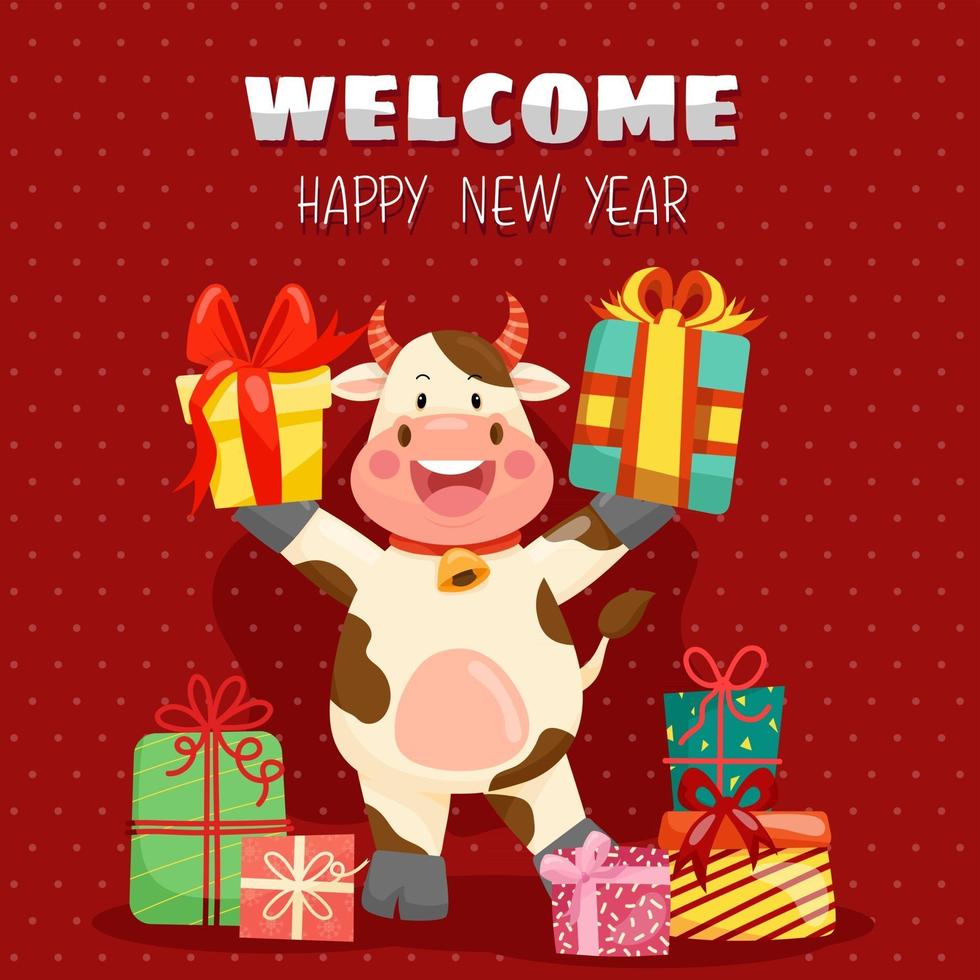 Feliz año nuevo con carácter de vaca, banner de vacaciones sonriente, cartel web, volante, folleto elegante, tarjeta de felicitación. fondo de navidad vector