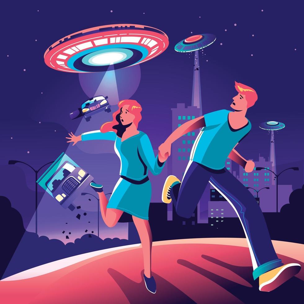Couple Runaway from UFO Invasion in the City vector