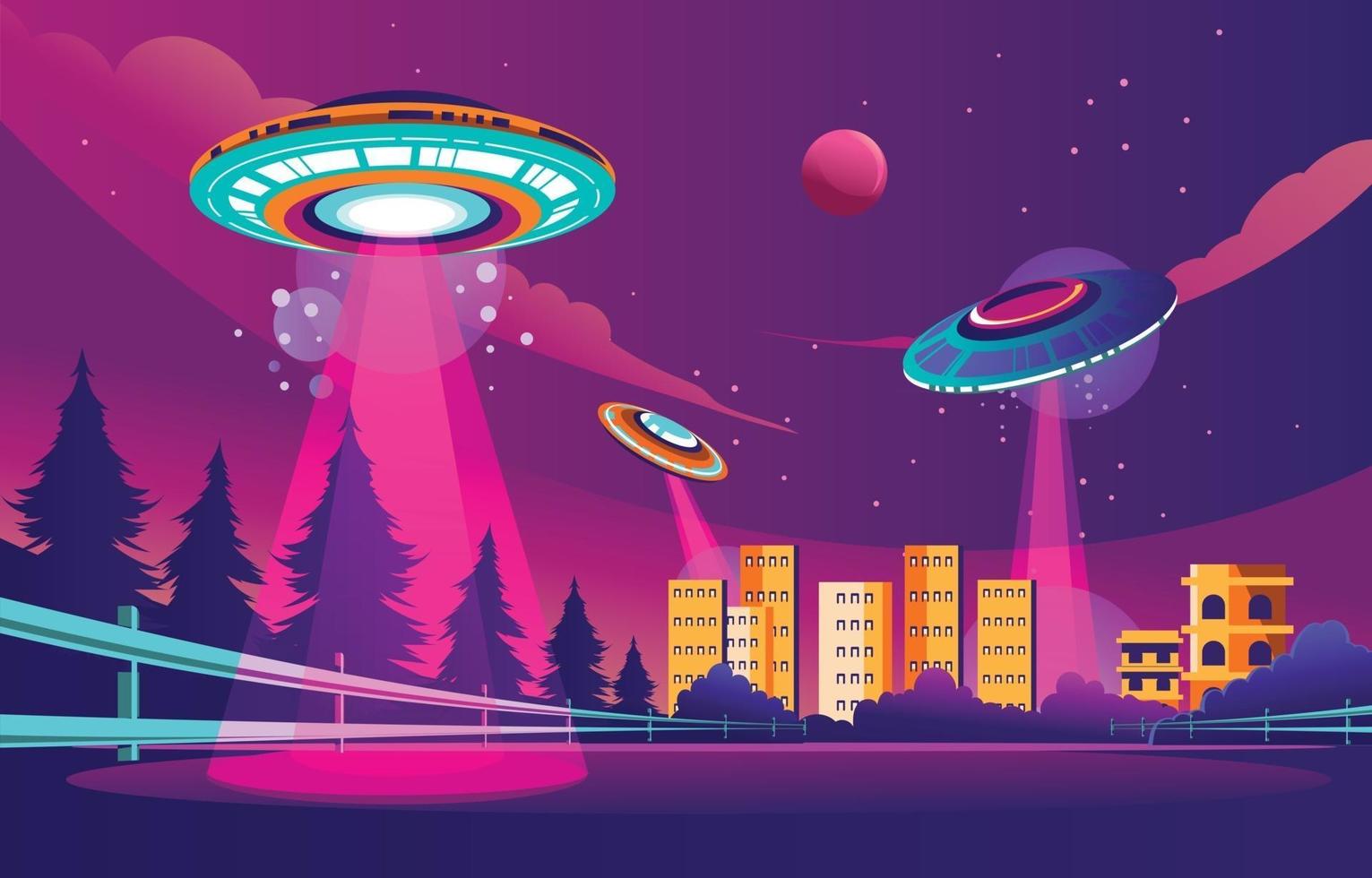 Beautiful of UFO Invasion in the City Multicolored Background vector