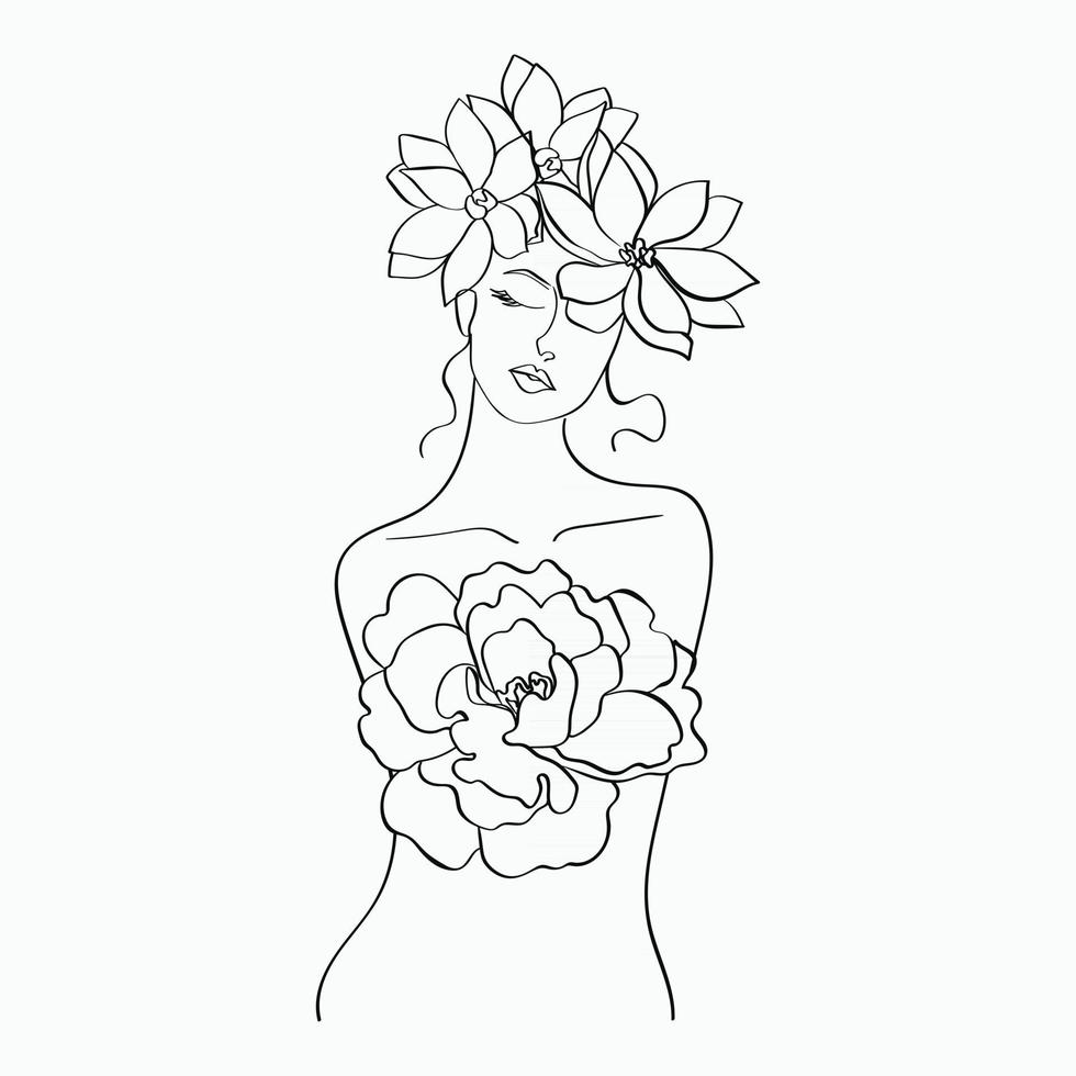 Women and flowers line art. Girl with flowers and leaves one line vector drawing. Portrait continuous line art drawing for prints, tattoos, cosmetics, fashion, Beauty salon and wall home decoration.