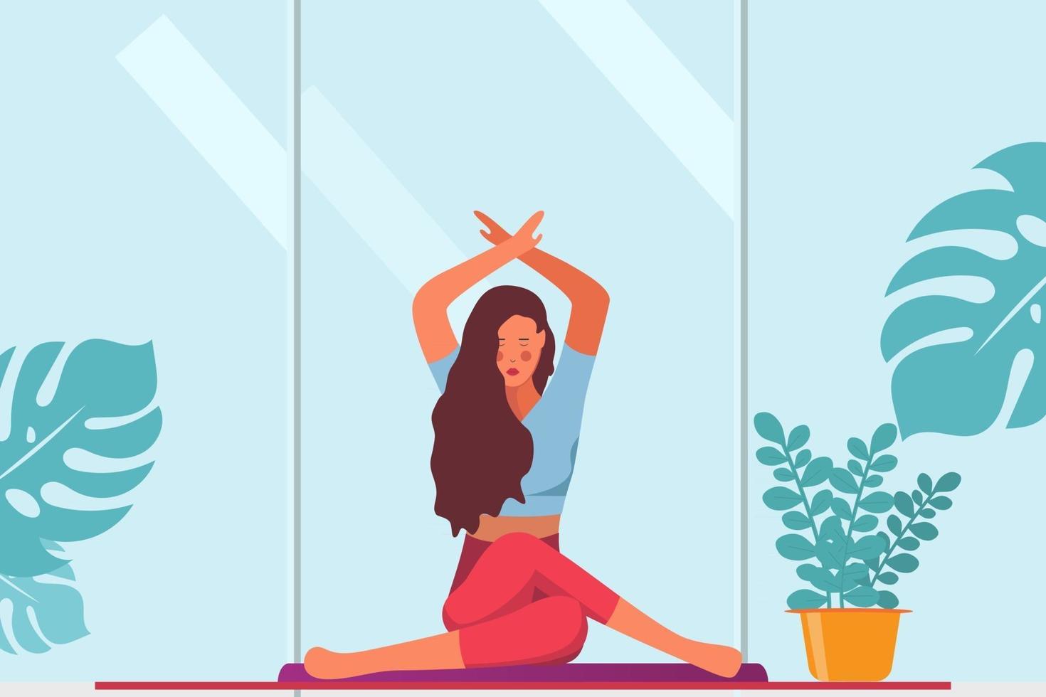 Woman meditating on floor. Concept illustration for yoga, meditation, healthy lifestyle. Vector illustration in flat cartoon style