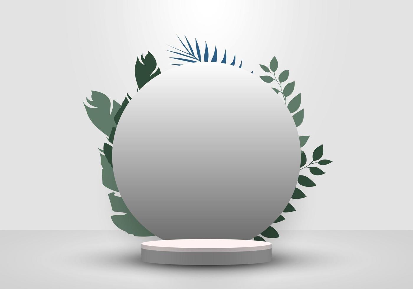 3D realistic cylinder podium minimal scene and circle backdrop in white background with tropical green leaves vector