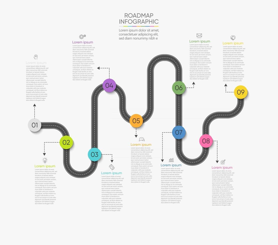 Iconos de infografía de línea de tiempo de mapa de carreteras de negocios diseñados para la plantilla de fondo abstracto vector