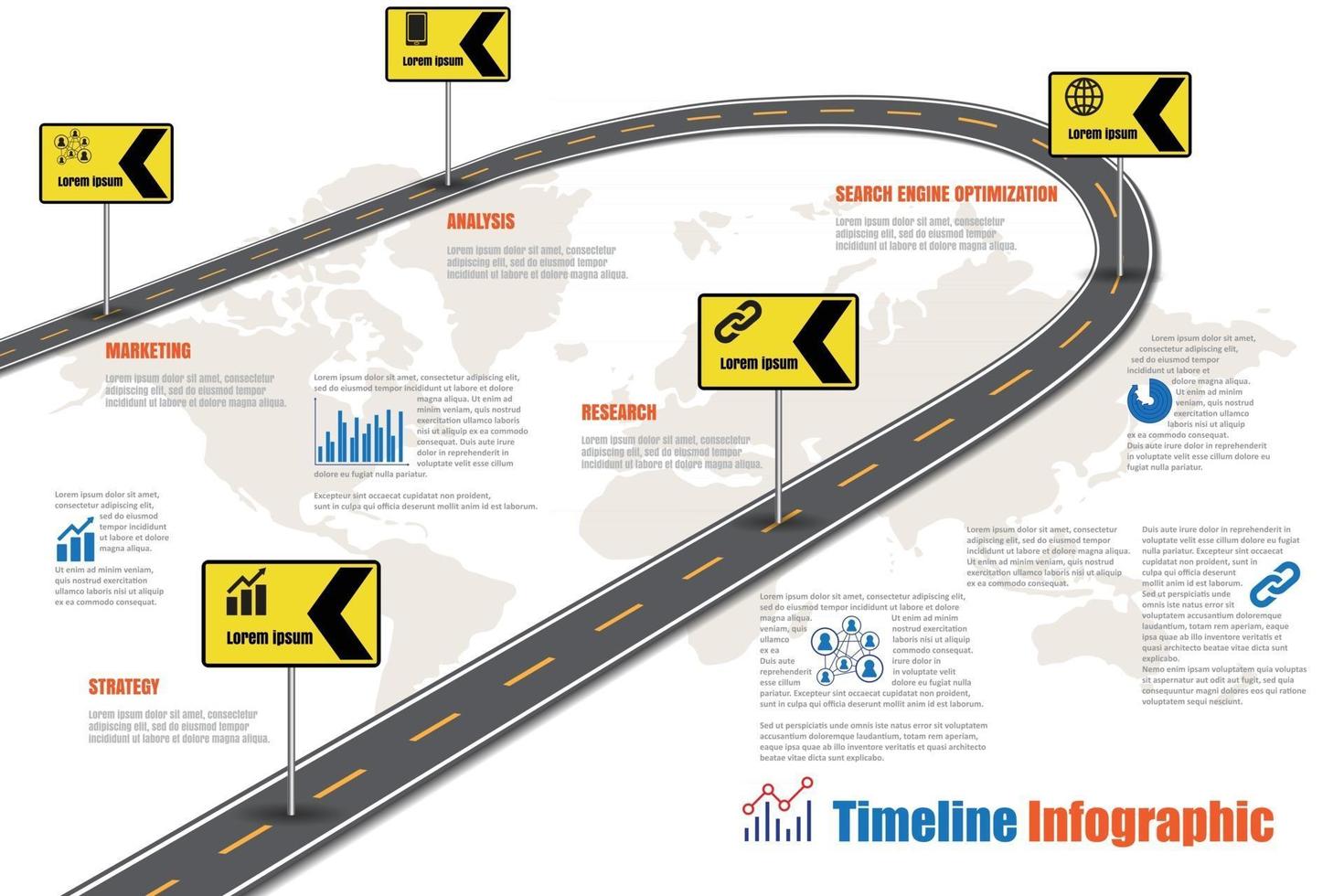 Plantilla de infografía de línea de tiempo de hoja de ruta de negocios con punteros diseñados para hito de fondo abstracto tecnología de proceso de diagrama moderno ilustración de vector de gráfico de presentación de datos de marketing digital