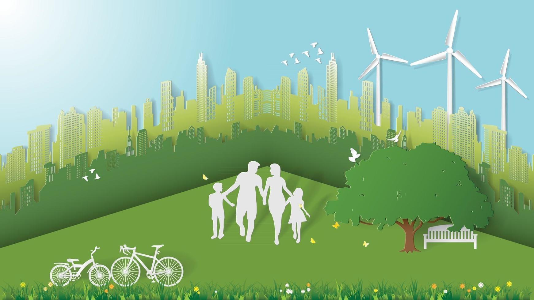 Paper folding art origami style vector illustration. Abstract design green sustainable energy development, environment friendly concept, happy family is walking in a park in the middle of the big city