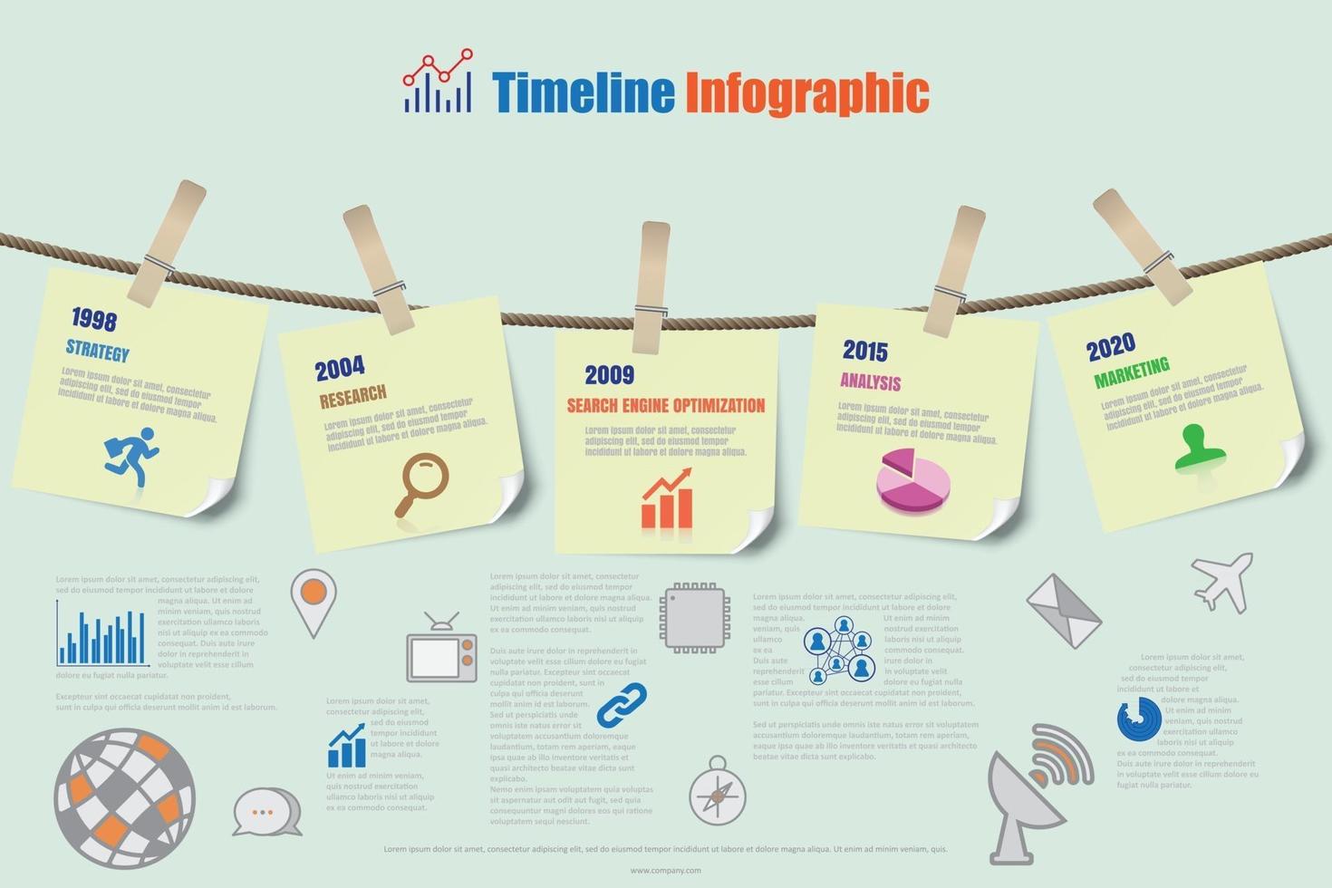 Design template, Timeline Infographic report template hanging on a rope with clothespin, Vector illustration