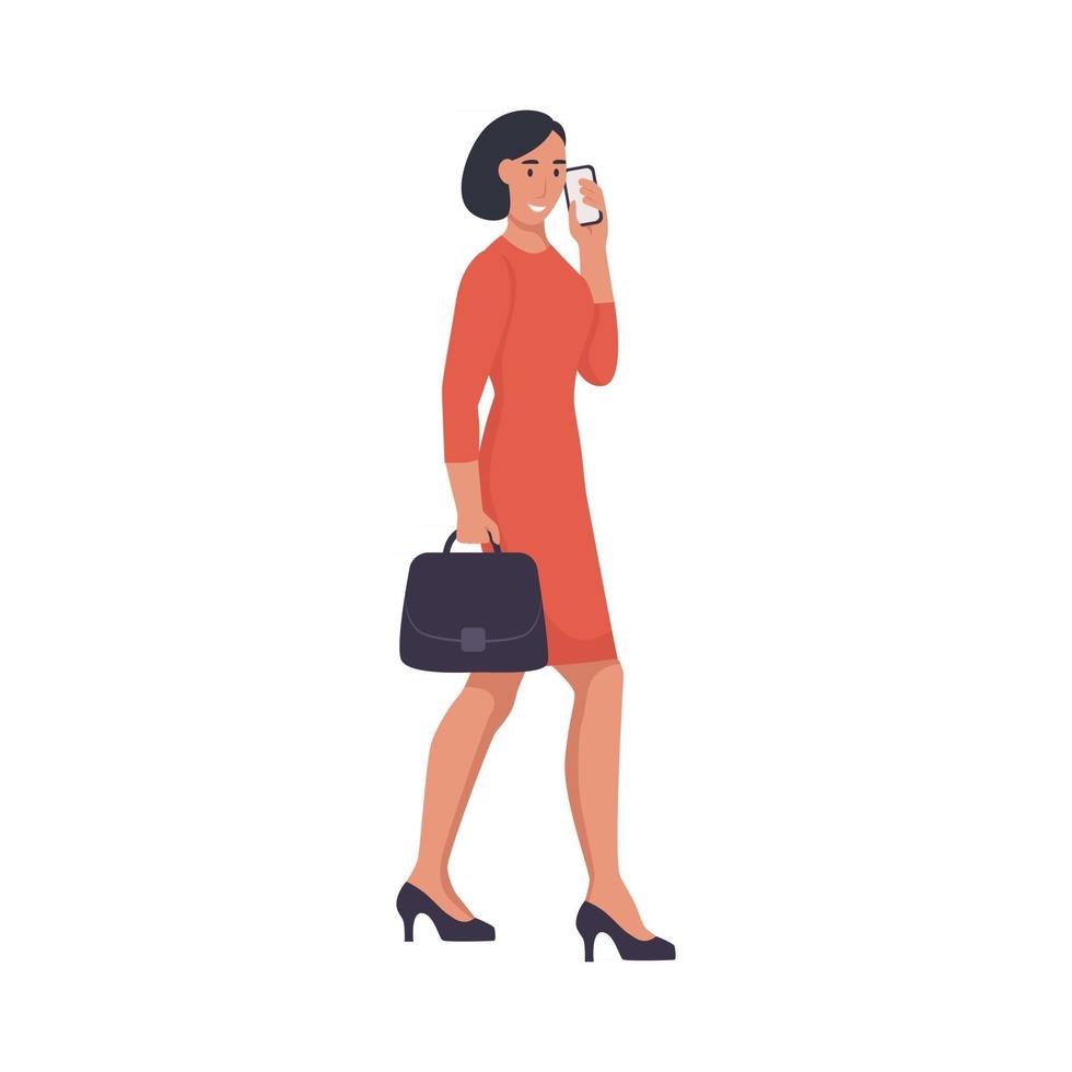 una mujer de negocios con un maletín habla por teléfono y camina por la calle. vector