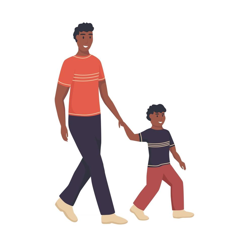 A young man with a child is walking down the street. Flat vector illustration.