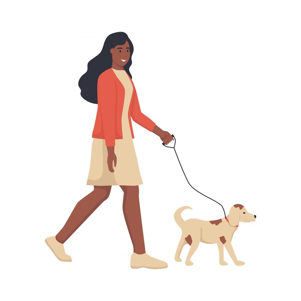A young African-American woman walks with her dog on the street. Flat vector illustration.