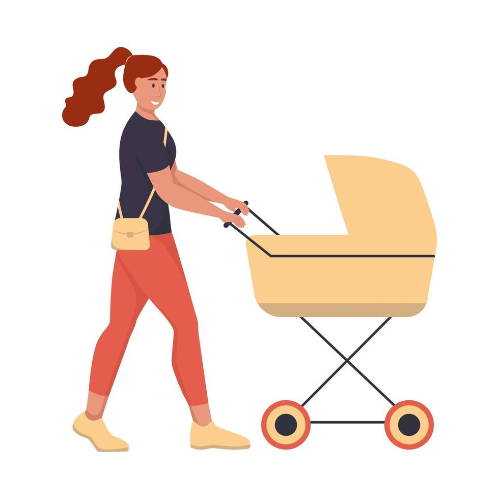 A young woman with a stroller is walking down the street. Flat vector illustration.