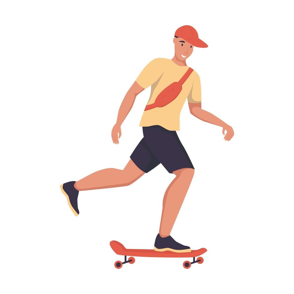 un joven anda en patineta por la calle. ilustración vectorial plana. vector